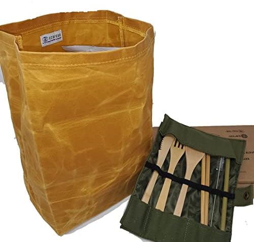 Набор от екологични чанти платно чанти за обяд ECO / EGO. 1 здрава и водоустойчива чанта за обяд от вощеного платно / 1 комплект бамбукови прибори за хранене (1 щипка, 1 вил