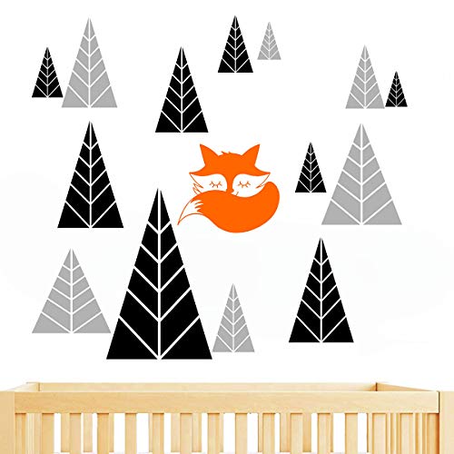 JUEKUI Woodland Fox Дървета Стенен Декор Стикер Свалящ се Vinyl Стикер на Стената за Детски Стаи Декорация на Детска Стая WS25 (Черно + Светло Сиво + Оранжево)
