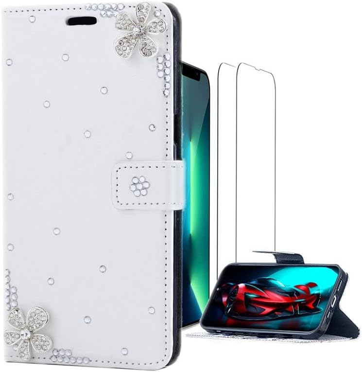 Калъф за телефон LUZiUN Glitter Wallet, който е съвместим с iPhone 14 Pro - 3D Луксозен Защитен калъф от лъскава кожа за ръчна работа на момичета и жени с защитно фолио за екрана (2 опаковки) - Цвете Floral