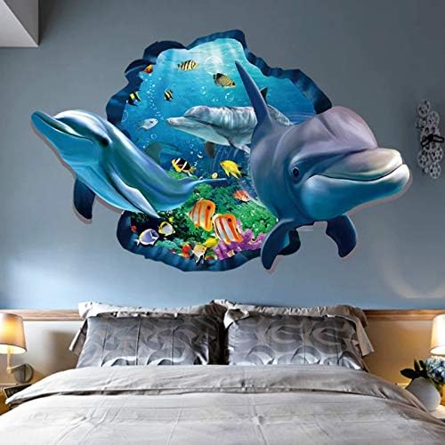 Светът на Океана Стикери за Стена, 3D Син Делфин 3D Акула Счупени Стикери За Стена Тропически Риби САМ Стикери за Стена Арт Декор за Детска Спалня Момчета Игрална Стая (Делфин)