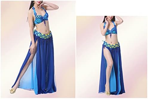 KLHHG Женски костюм за танци, костюми за разплод на танца на Корема, Сутиен + колан, Облекла за танци (Цвят: синьо Размер: Един размер)