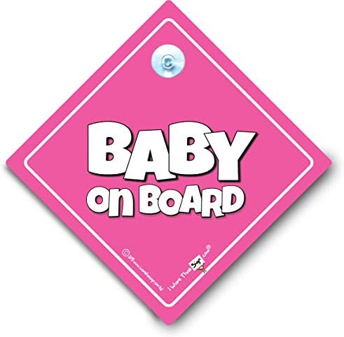 iwantthatsign.com Табела Baby on Board Пудрово Розово на Цвят, с Основен Текст, Илюстрация Baby on Board car, Табела за присоске за кола