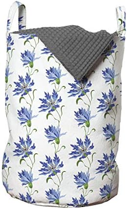 Чанта за дрехи Ambesonne с цветя модел под формата на Цъфтящи Васильков, Кошница за дрехи с дръжки, Закрывающаяся на шнур, за пране, 13 x 19, Бял или Син