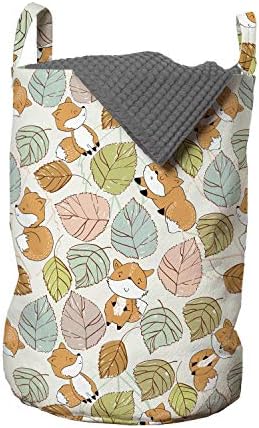 Чанта за дрехи Ambesonne Woodland с Модел под формата на Предварителни Пейзаж на диви Лисици и листа, Изготвени от ръцете, Кошница за дрехи с дръжки, закрывающаяся на шнур, за пране, 13 x 19, Бялата и Многоцветен