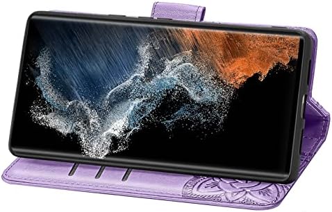 LEMAXELERS Galaxy S23 Ultra Case Премиум-Клас Изкуствена Кожа с Релефни, Панти Магнитен Калъф-портфейл с Държач за карти и стойка за Samsung Galaxy S23 Ultra Big Bad Светло Лилав цвят SD
