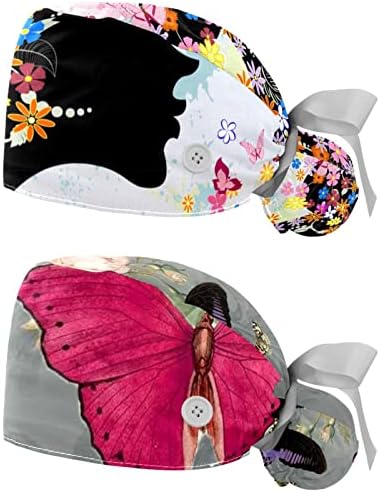 Комплект от 2 теми, Розова Фея-Пеперуда за Момичета, Работна Шапчица с Цветен Модел на Копчета, Регулируема Капачка с Начесом и Държач за cauda equina