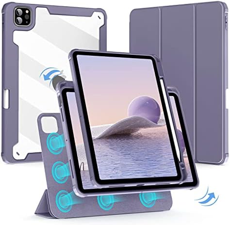 Хибриден калъф kenke за iPad Pro 11 инча 4-ри/3-ти /2-ро поколение 2022/2021/2020, 2 в 1, Магнитна Подвижна Въртяща Прозрачен капак и умен калъф-награда от изкуствена кожа, Автоматичен режим на заспиване / събуждане,