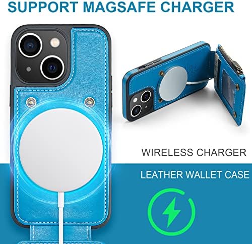 Чанта-портфейл FLIPALM за iPhone 14 Plus (6,7 инча), който е Съвместим със зарядно устройство MagSafe, Защитен калъф-награда от изкуствена кожа Премиум-клас с цип с каишка-напульсником за iPhone 14 Plus Син цвят