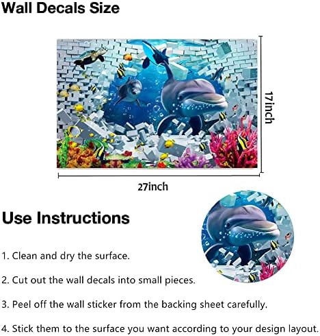 3D Стикери за стена с разбити Стена в Океана, Стикери За Стена Под морето, Сменяеми Етикети с изображение на Риба-Клоун във формата на Делфин за Детска Стая, Хол, Офис Клас (27 x 17)