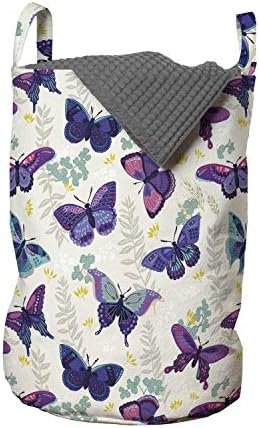 Чанта за дрехи Ambesonne Butterfly, Градинска сцена с Листа, растения и Нежни Декоративни летящи насекоми, Кошница за дрехи с дръжки, закрывающаяся на шнур, за пране, 13 x 19, Черупки от яйца, Многоцветен