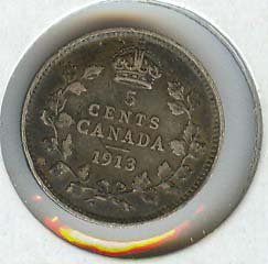 Канадската Сребърни монети от 1913 година на издаване Пет Цента Крал Джордж V KM22