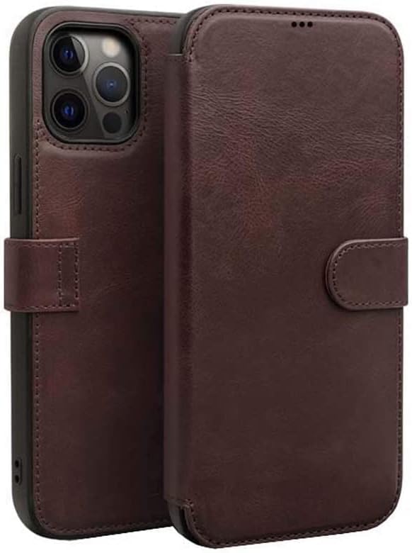 Шарнирен калъф за телефон SDUTIO от естествена кожа с магнитен бутон, устойчив на удари чанта-портфейл за Apple iPhone 11 Pro Max (2019) 6,5 инча [Държач за карти] [Стойка] (Цвят: тъмно кафяв)