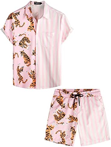 VATPAVE Мъжки Хавайски Комплекти с Фламинго, Ежедневни Ризи с копчета и Къс ръкав, Плажно Облекло