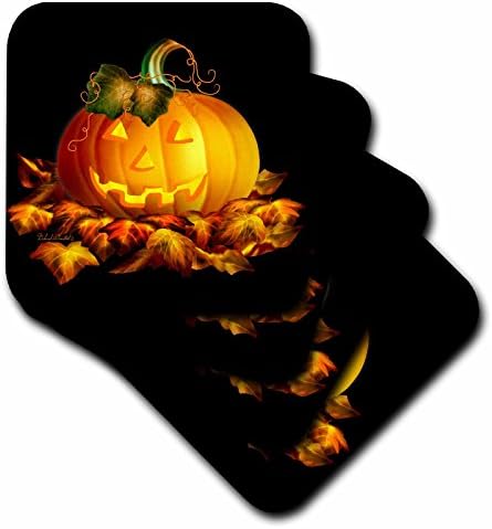 3dRose cst_11657_4 Нажежен ДжекоЛантерн и есенни листа в нощта на Хелоуин на черен Фон Керамични Поставки за плочки, Комплект от 8