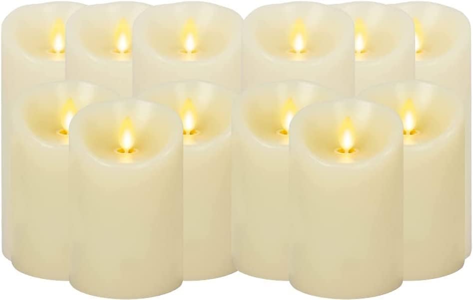 Luminara Комплект от 12 Беспламенных свещи с играта на Пламъка - Назъбен край, Истински Восък, Без мирис - Слонова кост (4,5 инча, 6,5 инча)