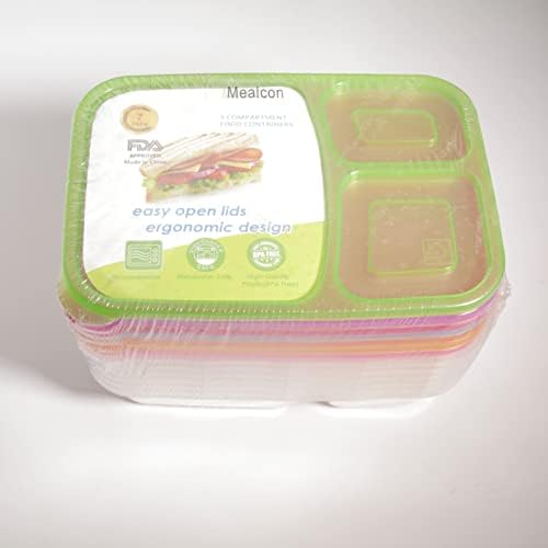 Съдове за приготвяне на храна Mealcon Контейнери за съхранение на храна с 3 отделения, могат да се мият в микровълнова печка и фризер (смесване на цветове, 7/10 опаковки (част 3)) (1 червено + 1 портокал + 1 жълт +