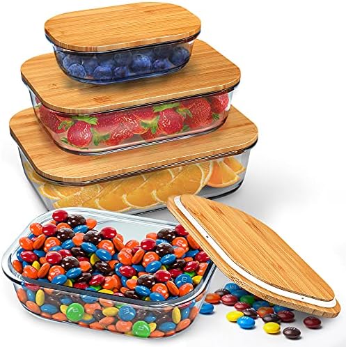 Стъклени съдове за съхранение на храна с капаци (бамбук) - Комплект от 4 теми - Най-екологично чисти Стъклени съдове за съхранение на храна с капаци - Херметически зат